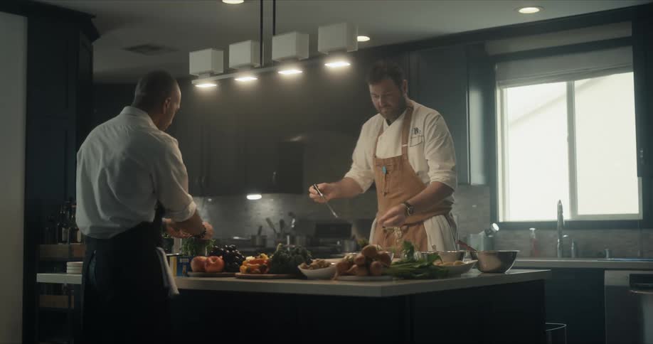 Two men cooking in a kitchen together