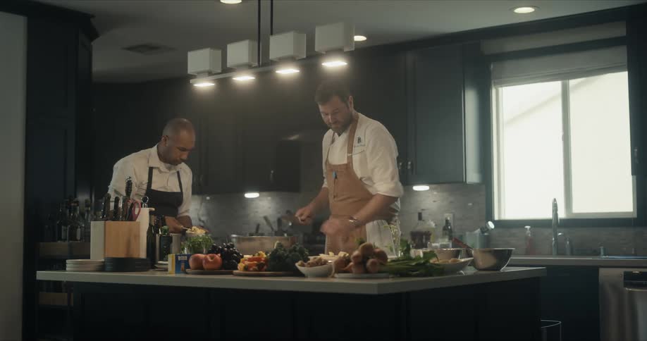 Two chefs chop and prepare food in a kitchen