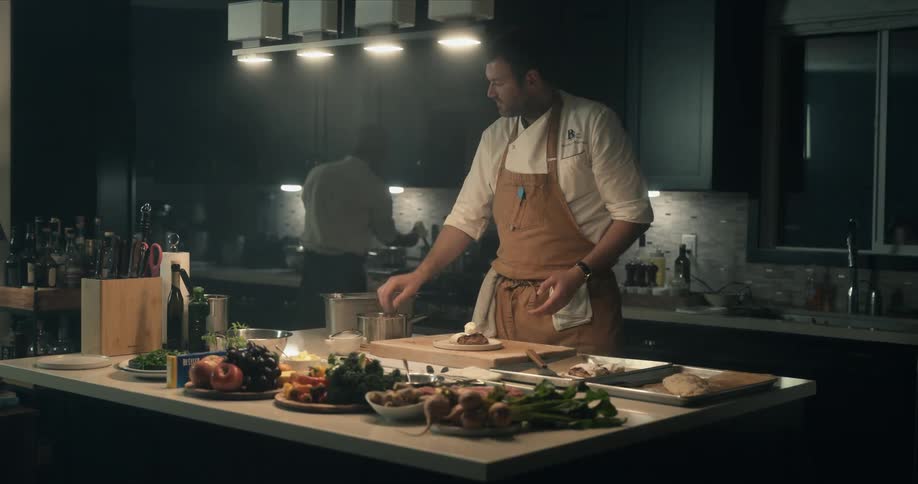 Two people cooking in a kitchen