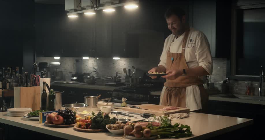 A male chef holds up a plate of food in a home style kitchen