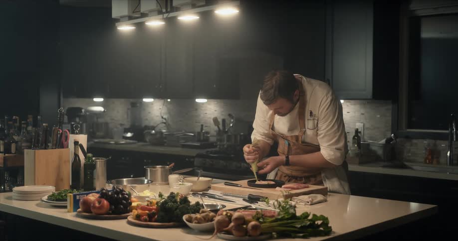 A chef prepares a meal in a large kitchen