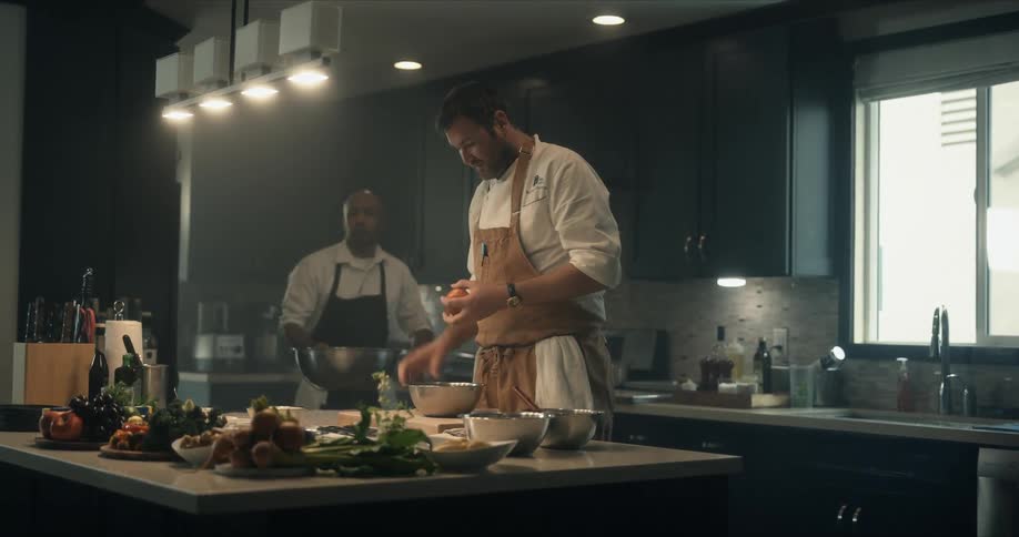 Cook working on the restaurant kitchen asks a helper to bring him a bowl