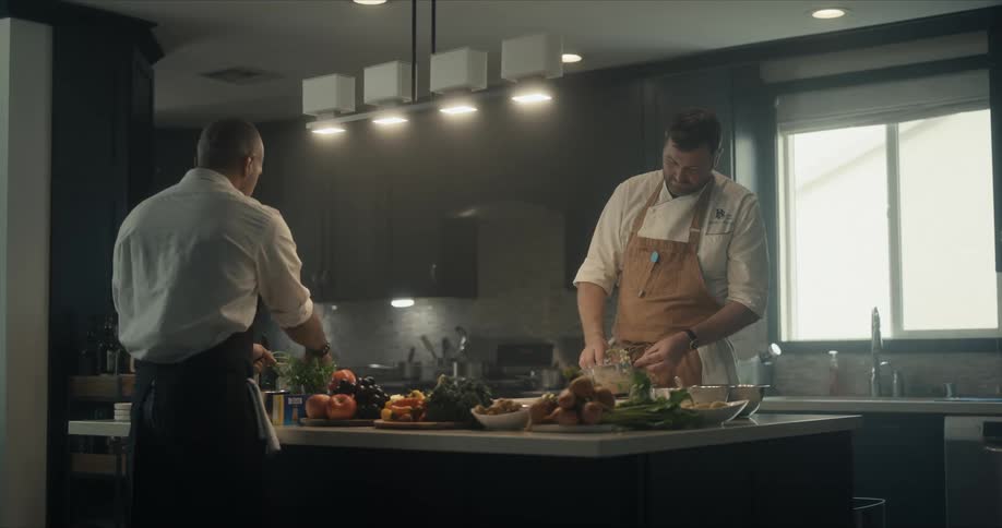 Two men are working in a kitchen preparing food and there are fruits and vegetables on the counter