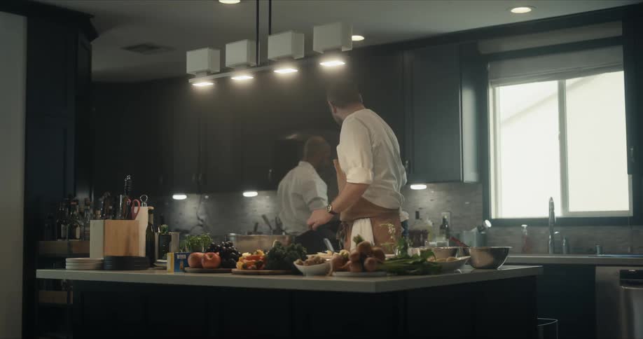 A pair of chefs communicate with one another while preparing food in a kitchen during the day