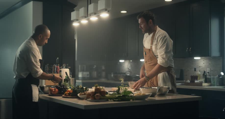 Two men preparing food at a kitchen island