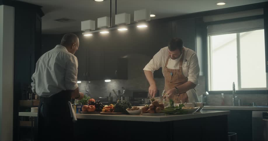 A pair of chefs prepare food together in a kitchen during the day