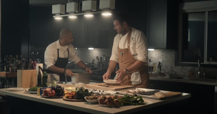 Chef garnishes a dish with powdered sugar in a dimly lit kitchen