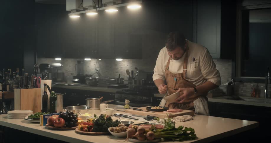 Chef plating a dish in a dimly lit kitchen at home