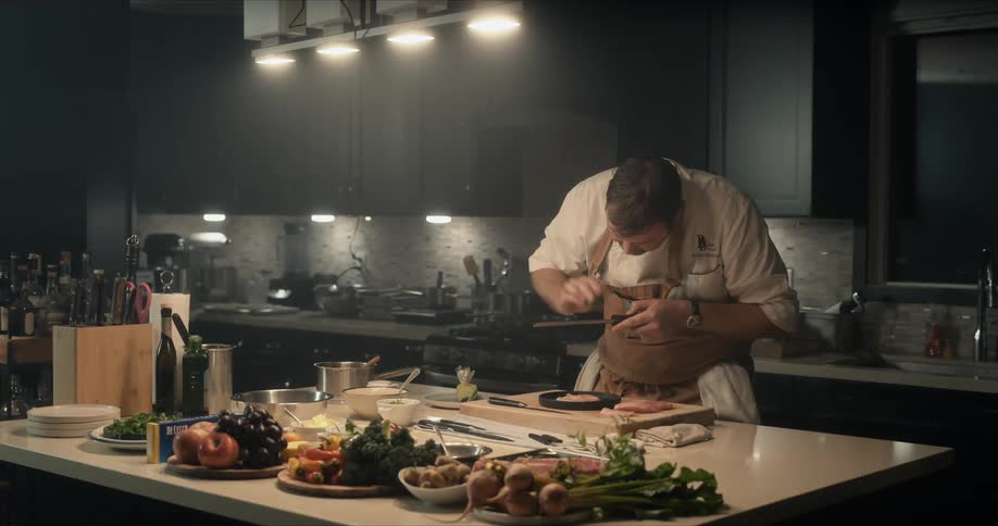 A male chef grates a food item in a home style kitchen