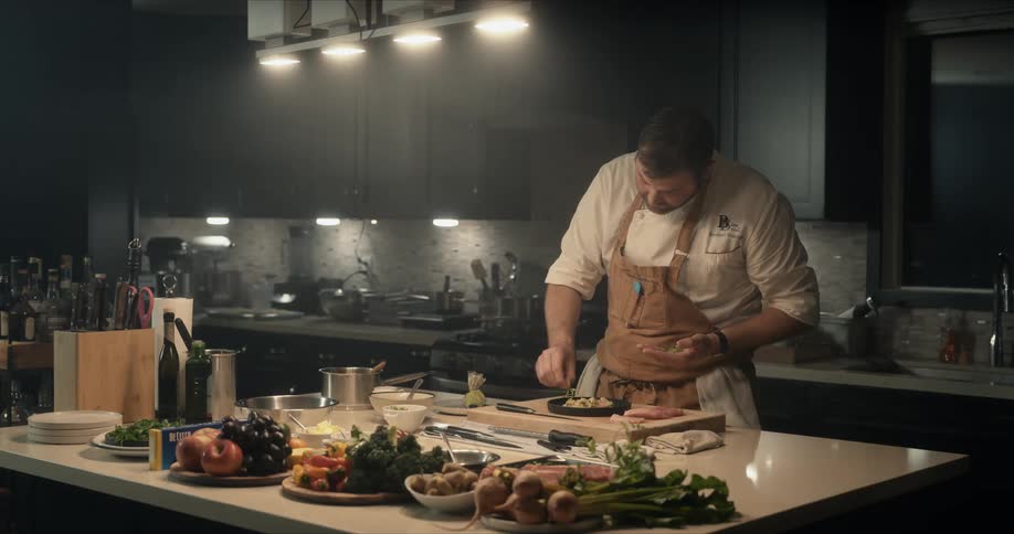 Male chef stands at kitchen island garnishing plated meal with herbs at night
