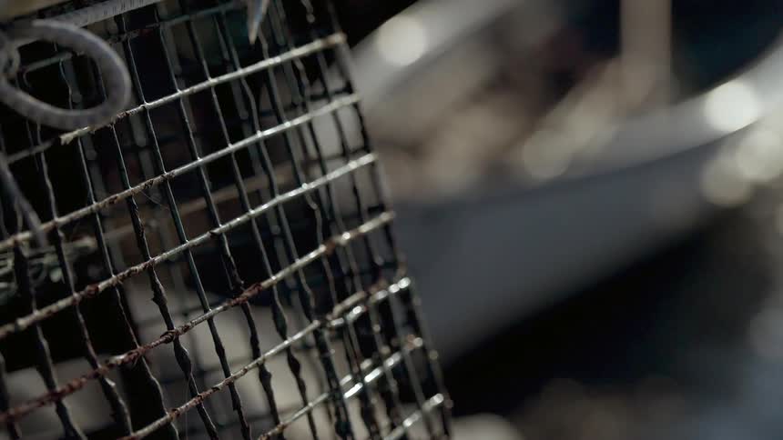 Close up of a cage with a boat in the water below