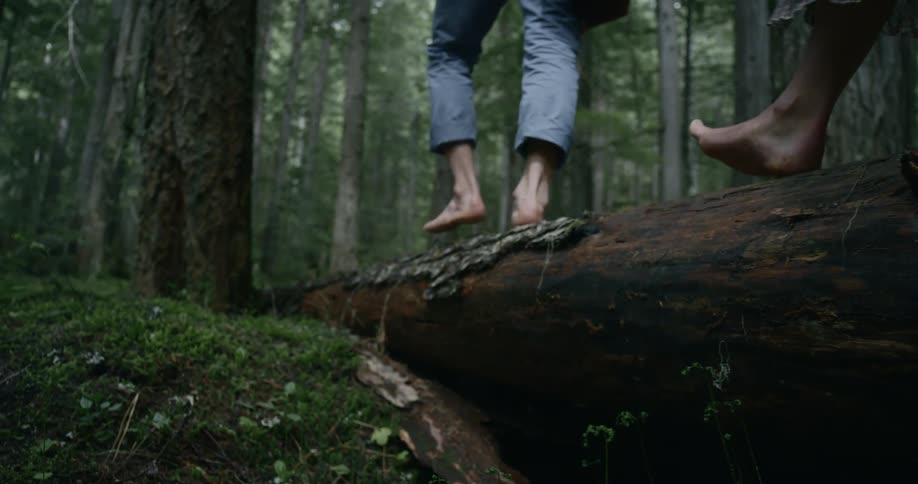 A man and woman walk barefoot across a log in a forest during the day