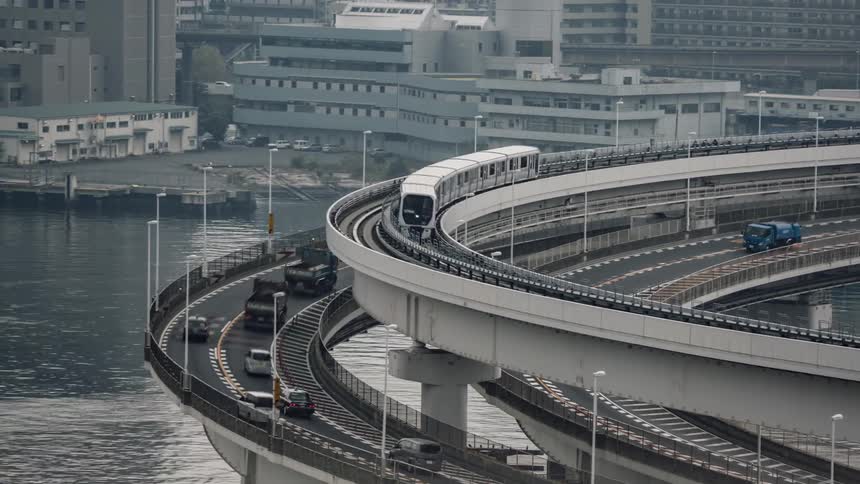 A train goes around a curve over a river and there is traffic on the highway below and big city buildings in the distance