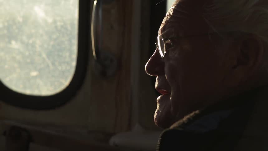 An older man looks out of a window