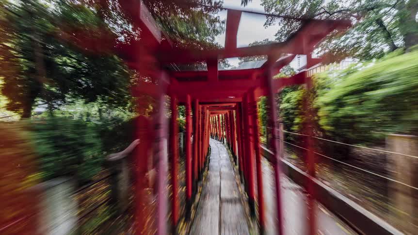 A path has red poles overhead