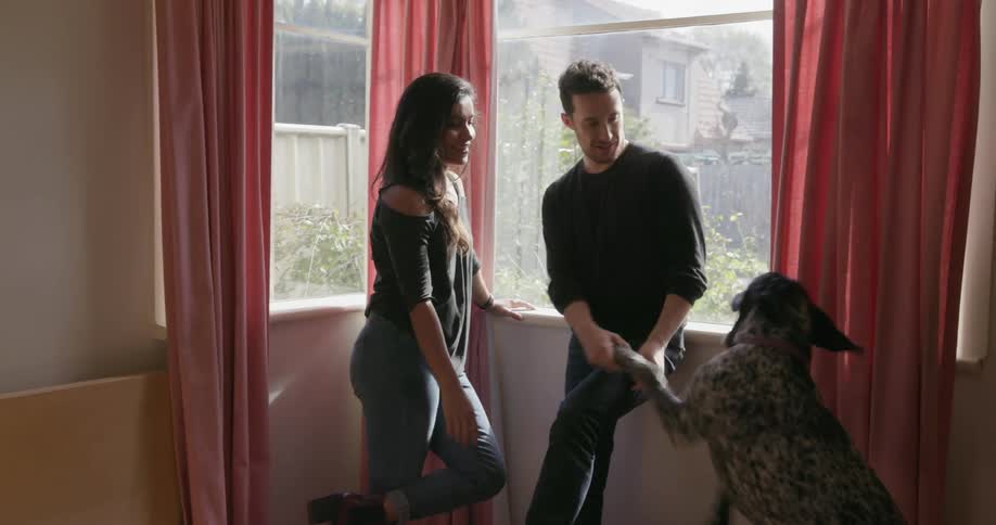 A man and woman play with their dog in an apartment