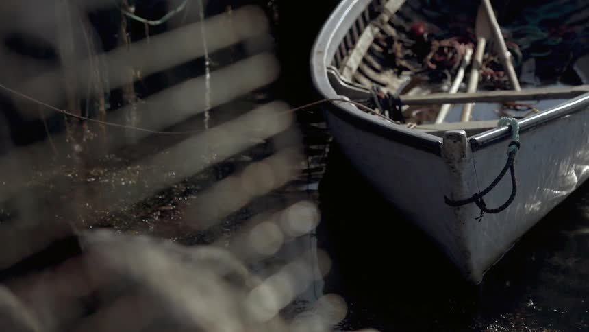 A boat has a rope keeping it docked as it floats in the water