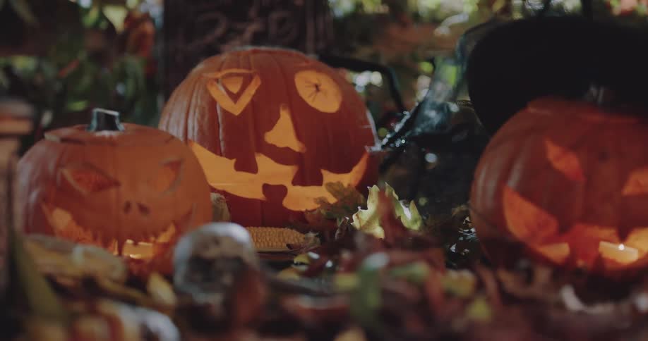 Plastic halloween pumpkin decoration resting over leaves