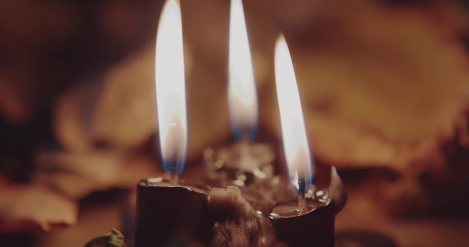 Dark wax candles burn down sitting on ground among leaves at night