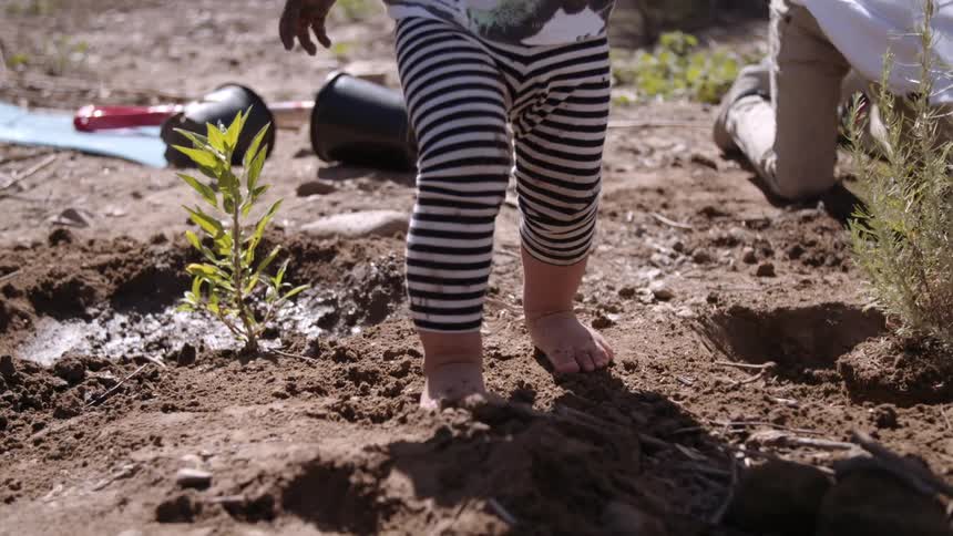 A child walks in the dirt with mud covered hands before being picked up