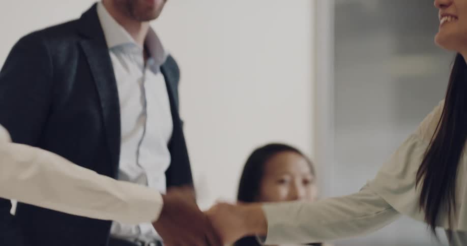 People stand up and shake hands in the office