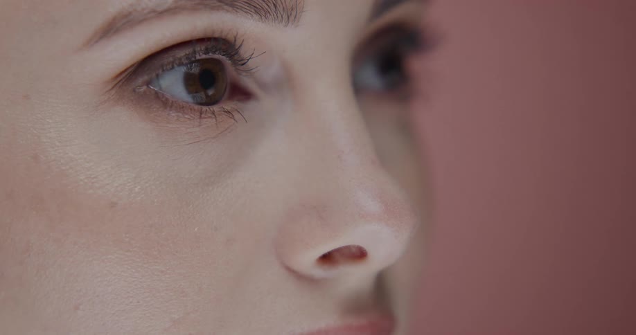 Close up view of a female models face is displayed