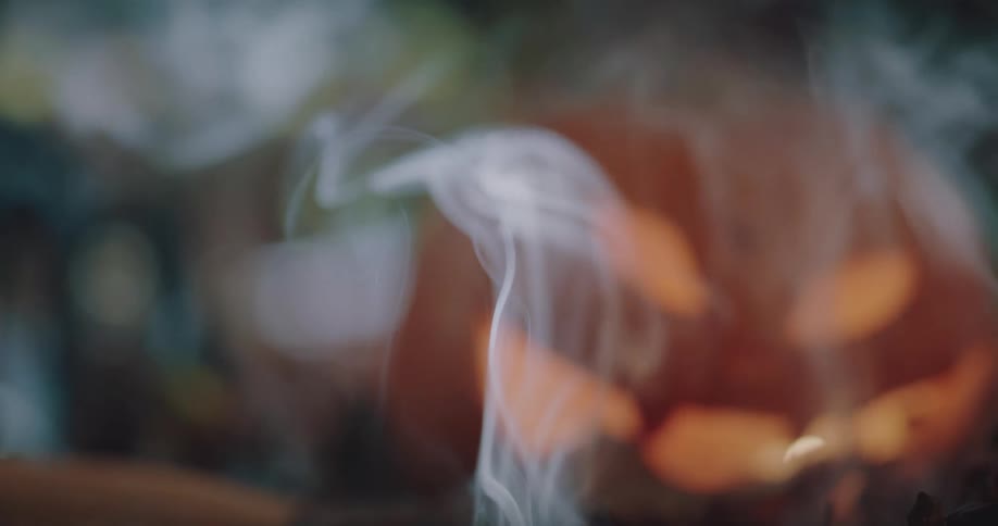 Pumpkin halloween decoration over the leaves surrounded by white smoke
