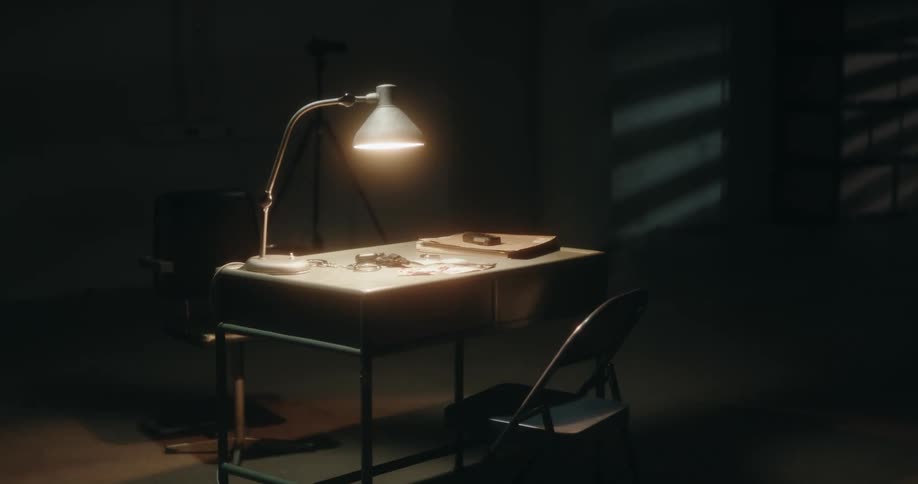 Desk lamp shines a light over the documents on a desk in a dimly lit room