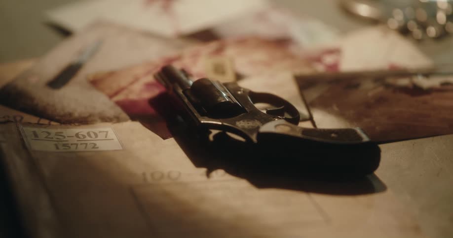 A handgun sitting on top of a file folder with case number and photographs