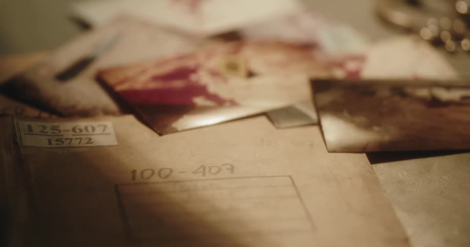 Photos from a crime scene sit on a table by a folder