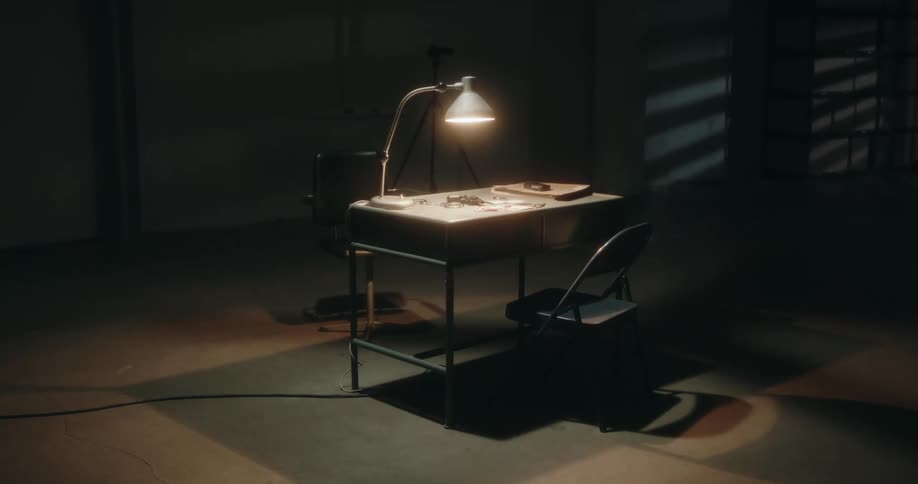 A lamp is on the desk