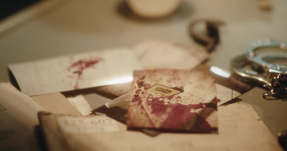 Pictures of a gruesome crime scene resting over a table next to handcuffs