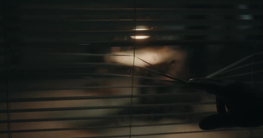 A person moves window blinds to look in a room and see another person sitting quietly in a dark room