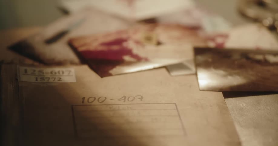 Pictures and papers are on a table