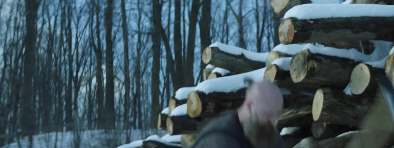 Man chopping logs in the woods during the winter