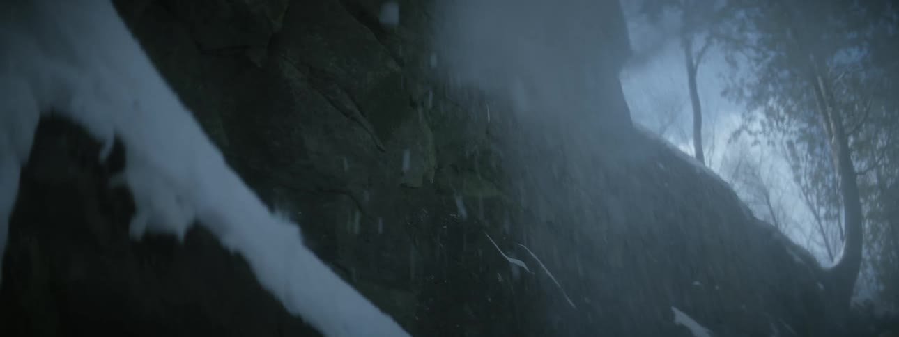 Snow falls down cliff topped by precariously placed trees