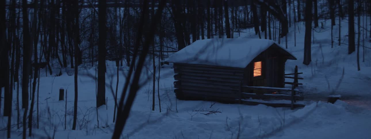 A cottage is surrounded by snow in a rural area