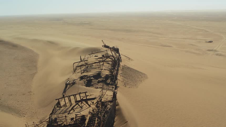 Aerial view of the Eduard Bohlen shipwreck in Namibia desert