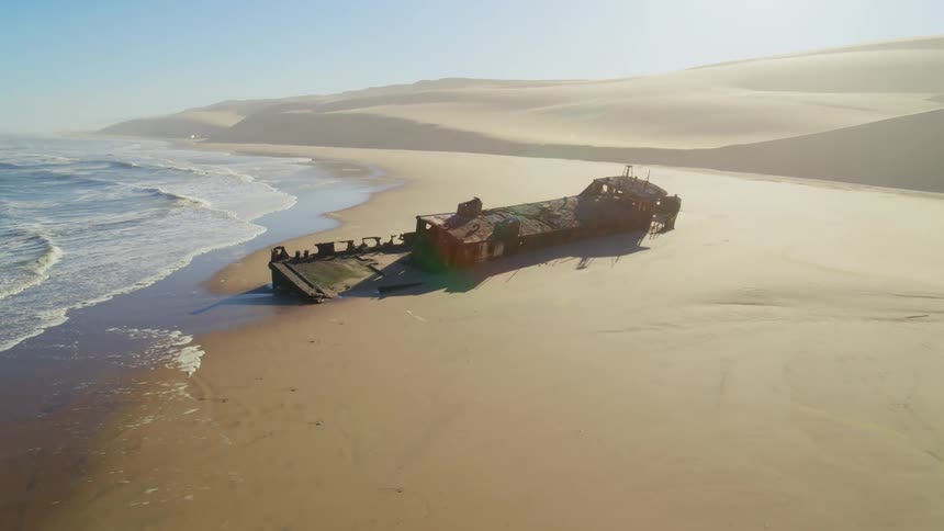 Aerial view of shipreck in Namibian desert on the Skeleton Coast