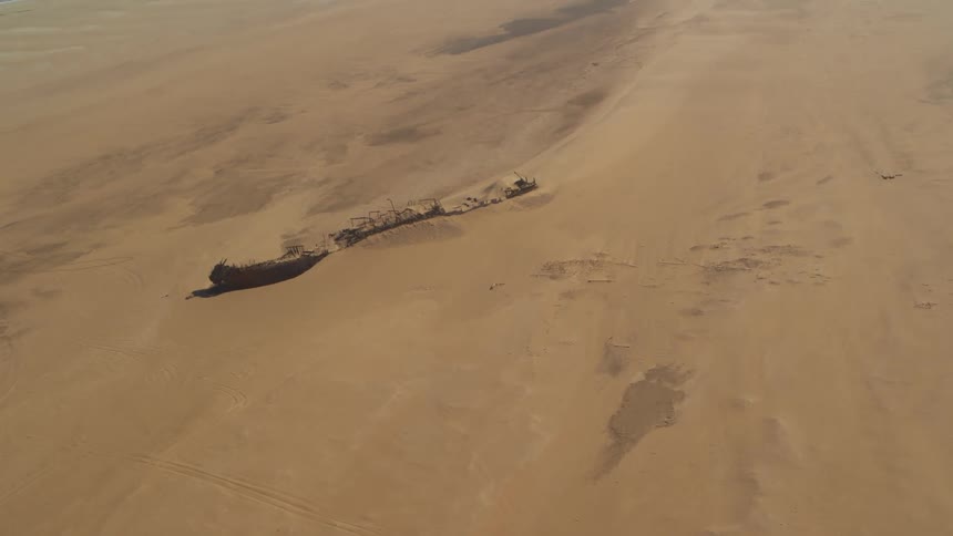 Aerial view of the Eduard Bohlen shipwreck in the desert of Namibia