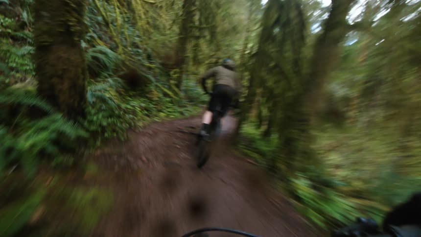 Two people are riding their bicycles on a muddy trail in a forest as the sun shines through the trees