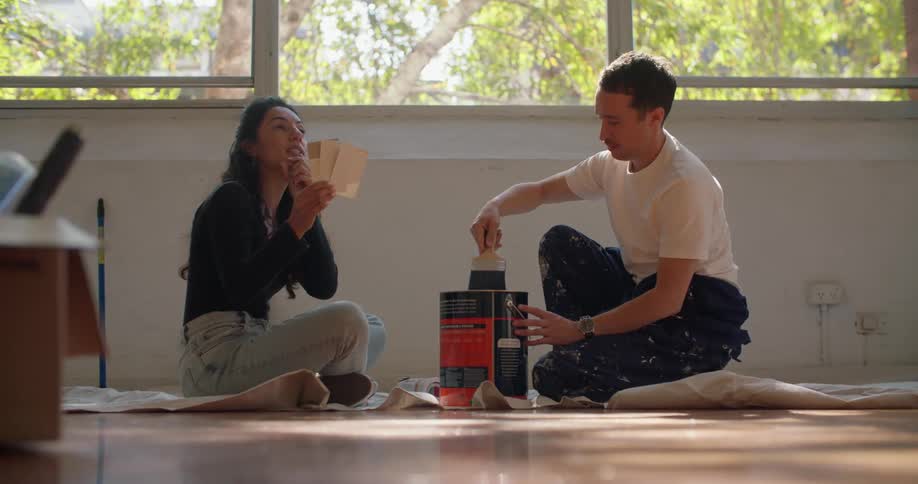 Man and woman are sitting on the floor