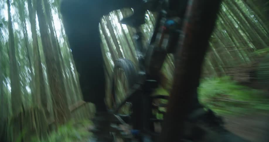 A man rides his mountain bike through the forest with suspension compressing