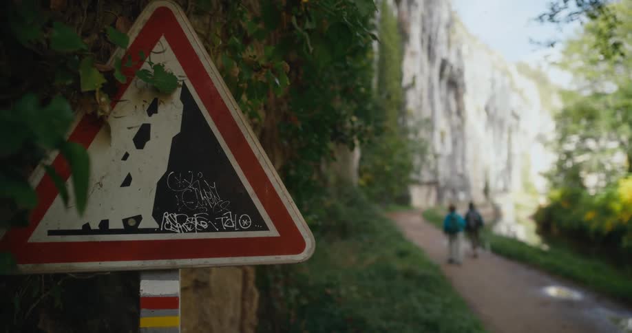 A sign warning about falling rocks next to a trail beneath a cliff during the day