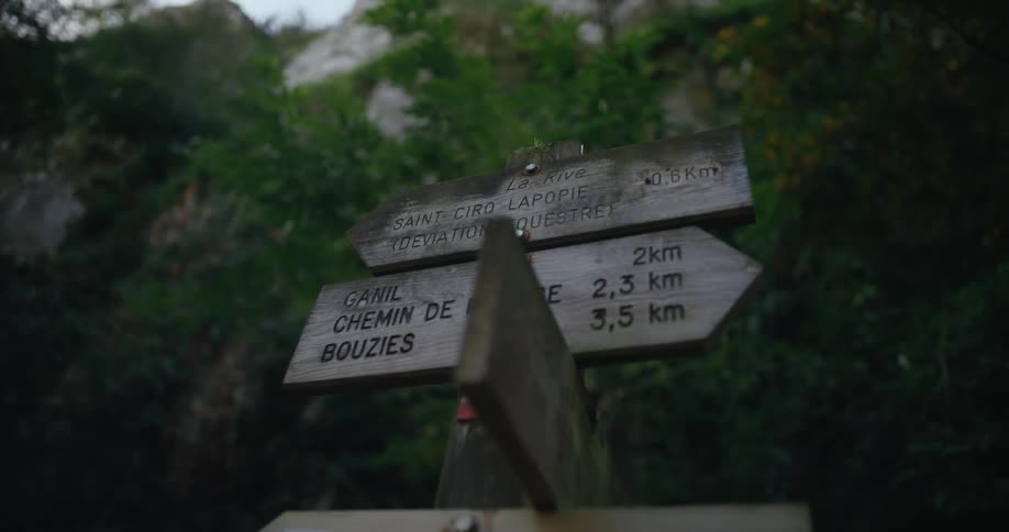 Wooden signs mounted on a pole outdoors during the day