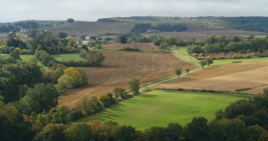 Aerial view of a farmland area is displayed in spring