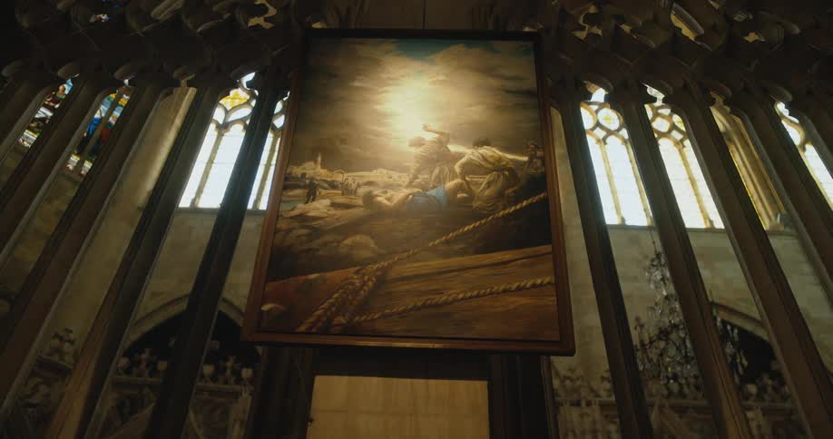 A painting hanging in a church