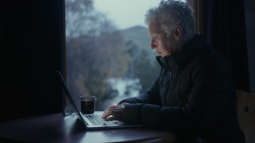 A woman is sitting by a window typing on a laptop