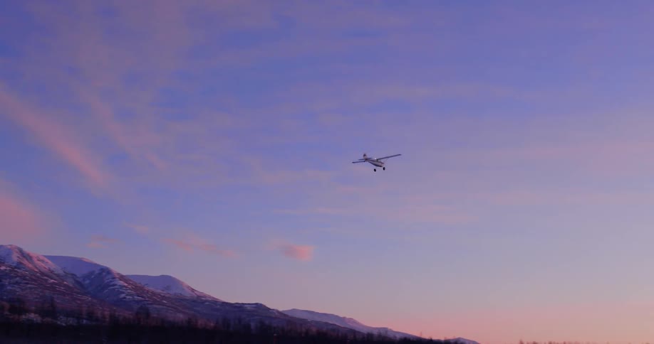 An airplane flies over a forest and snow covered land with mountains in the distance