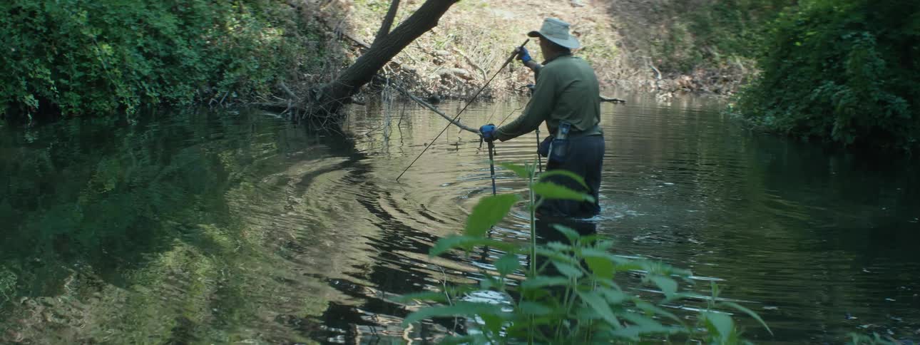A man is fishing in the creek